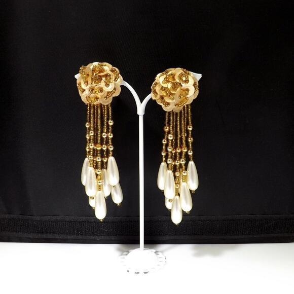 Vintage Gold Sequin Bead Dangle Earrings, Long Tassel Pearl Drop Clip On Jewelry - Picture 2 of 8